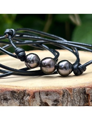 acheter collier homme perles noires de Tahiti prix - ras de cou cuir avec une perle