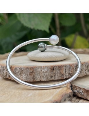 silver you and me bangle tahitian cultured pearls price - perla Tahiti