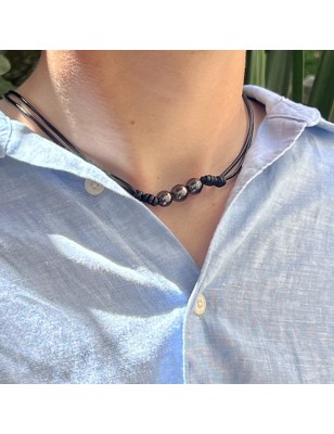 Pō Māru - Collar de cuero - Tres perlas de Tahití