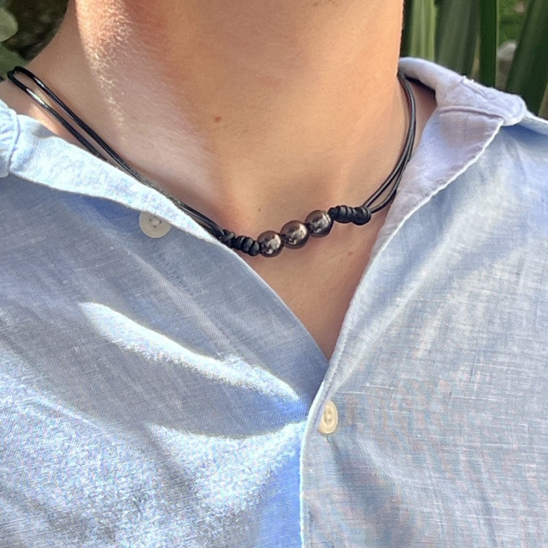 acheter collier homme perles noires de Tahiti prix - ras de cou cuir avec une perle