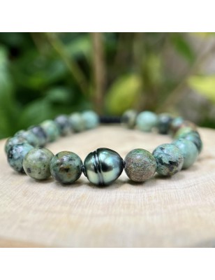 Pulsera de turquesa - Perla de Tahití - 9,53 mm