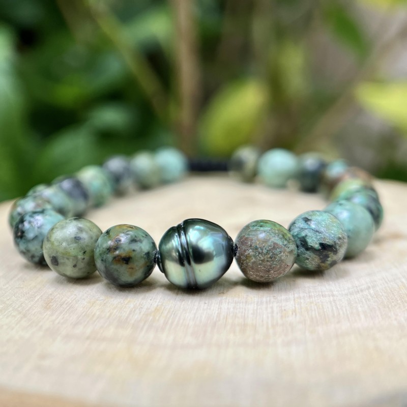 Turquoises and Tahitian Pearl Bracelet - 9.53mm