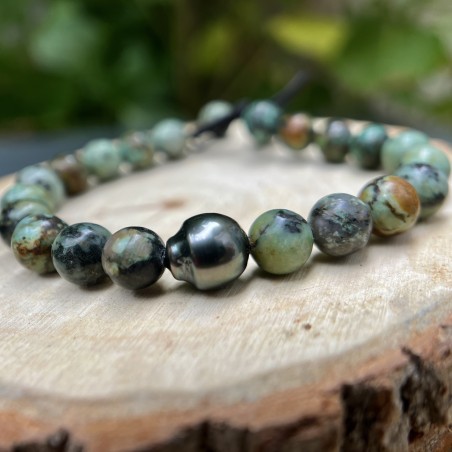 Turquoises and Tahitian Pearl Bracelet - 9.85mm