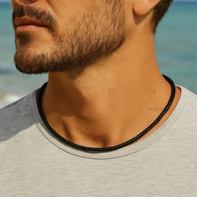 Gargantilla de cuero trenzado negro para hombre - 45 cm