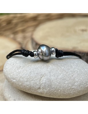Perla di Tahiti - Blu Grigio - 9,70 mm - Bracciale in raso