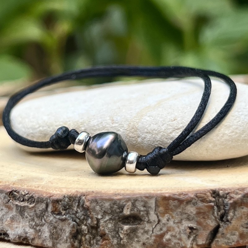 Heiata - Pulsera de satén con perla negra de Tahití - 8,95 mm