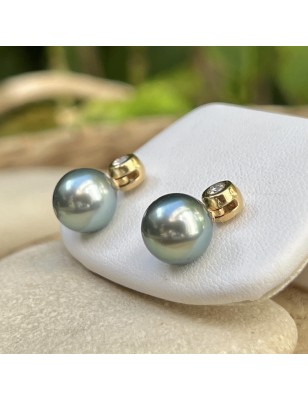 tahiti pearl gold earrings with diamonds - diamond ear studs with cultured pearls from Tahiti