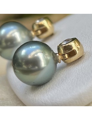 tahiti pearl gold earrings with diamonds - diamond ear studs with cultured pearls from Tahiti