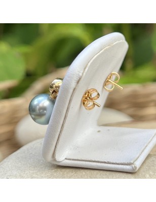 tahiti pearl gold earrings with diamonds - diamond ear studs with cultured pearls from Tahiti