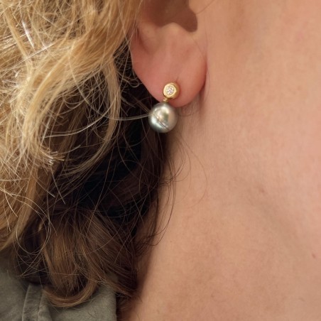 Evana - Pendientes Oro 18 Quilates - Diamantes Naturales - Perla de Tahití 9.04mm