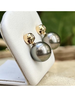 tahiti pearl gold earrings with diamonds - ear stud with cultured pearls from Tahiti