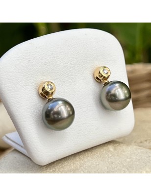 Evana - 18 Carat Gold Hoops - Natural Diamonds - Tahitian Pearl - 9.33mm