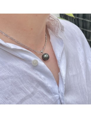 Engraved Tahitian pearl silver pendant price - cultured black pearl men's pendant