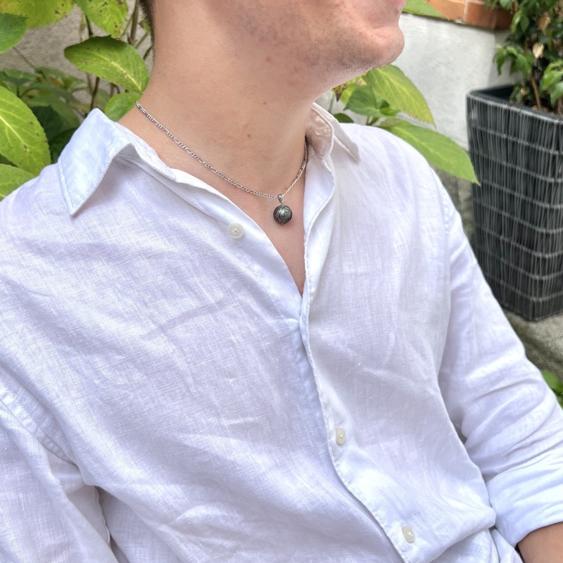 Engraved Tahitian pearl silver pendant price - cultured black pearl men's pendant