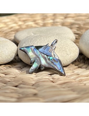 Green Abalone Mother of Pearl and Silver Manta Ray Pendant