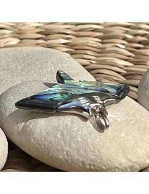 Green Abalone Mother of Pearl and Silver Manta Ray Pendant