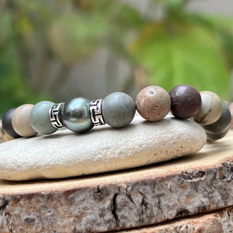 Jasper and Blue Tahitian Pearl Bracelet - 8.61mm