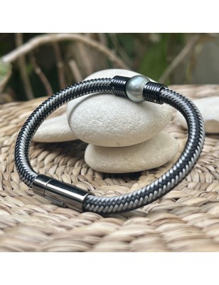 Genuine 10.92mm Tahitian Cultured Pearl Men 's Bracelet - Stainless Steel