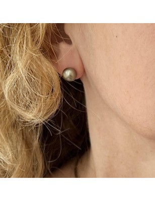 Perles de Tahiti - Vert Eau - Clous Oreilles Or Jaune 18 Cts - 8.82mm