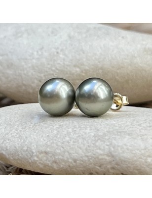 Perles de Tahiti - Vert Eau - Clous Oreilles Or Jaune 18 Cts - 8.82mm