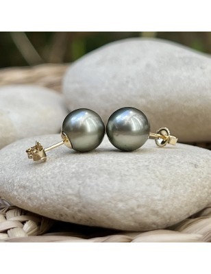 Perles de Tahiti - Vert Eau - Clous Oreilles Or Jaune 18 Cts - 8.82mm