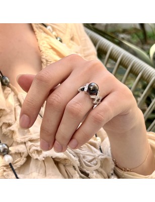 Bague femme perle Tahiti et brillants prix - perle tahitienne en bague pour femme
