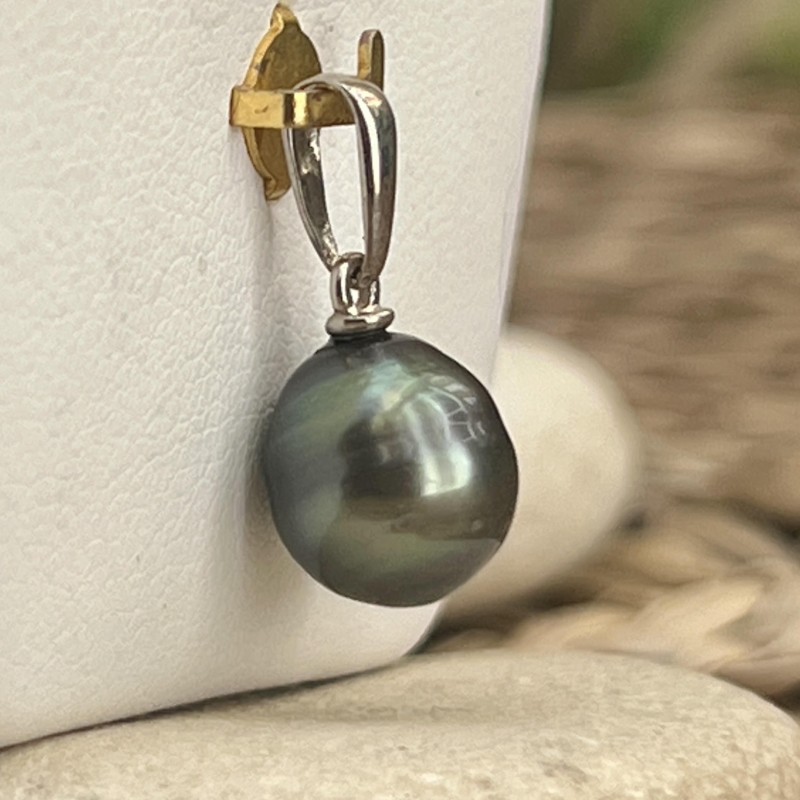 Mira - Green Tahitian Pearl Rhodium Silver Pendant