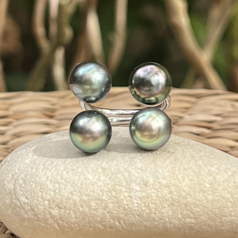 Ring - 4 Tahitian Pearls - Peacock - Blue - Green-lagoon