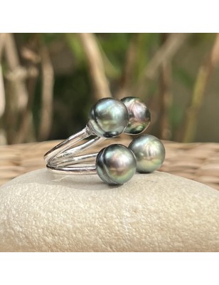 perles Tahiti en bague argent femme prix - bague avec 4 perles de culture tahitiennes