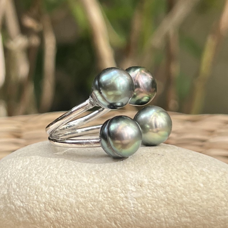 4 tahiti pearls on silver women's ring - tahitian cultured pearl jewel price