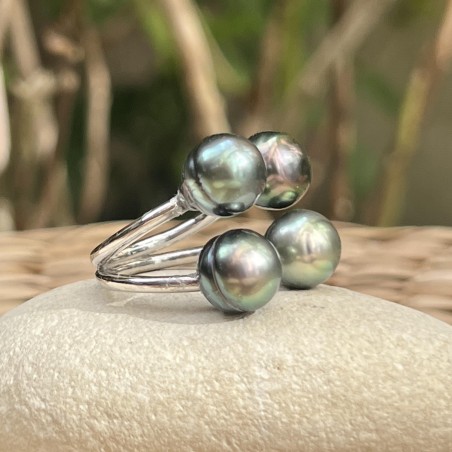 perles Tahiti en bague argent femme prix - bague avec 4 perles de culture tahitiennes