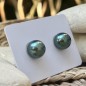 18k Gold Earrings - 2 Green Color Tahitian Pearls - 10.60mm