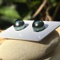18k Gold Earrings - 2 Green Color Tahitian Pearls - 10.60mm