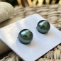 18k Gold Earrings - 2 Green Color Tahitian Pearls - 10.60mm