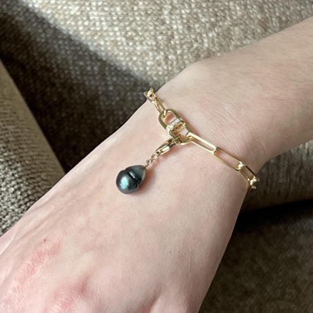 Nai'a - Green-blue Tahitian Pearl Golden Silver Bracelet