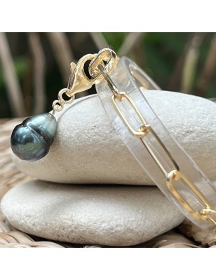 Nai'a - Bracciale in argento e oro con perla di Tahiti blu-verde