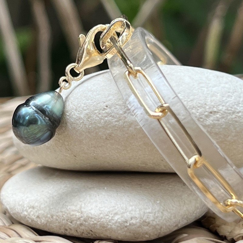 Nai'a - Bracelet Argent Doré Perle de Tahiti Bleu-vert