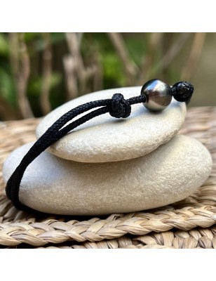 Black Link Bracelet with Lagoon Color Cultured Pearl from Tahiti