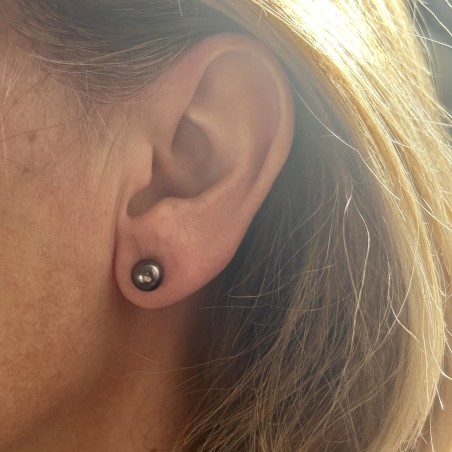 银镀铑耳环 - 茄子色大溪地珍珠