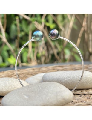jonc en argent avec des perles de Tahiti - bracelet tahitien avec des perles