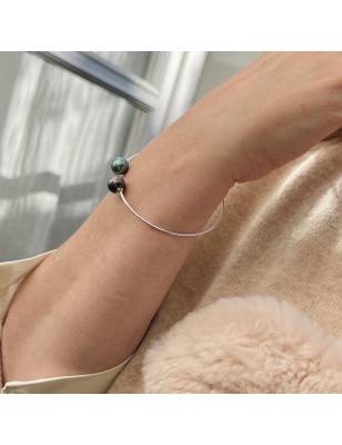 jonc en argent avec des perles de Tahiti - bracelet tahitien avec des perles