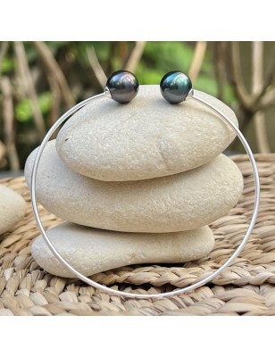 jonc en argent avec des perles de Tahiti - bracelet tahitien avec des perles