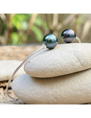 jonc en argent avec des perles de Tahiti - bracelet tahitien avec des perles