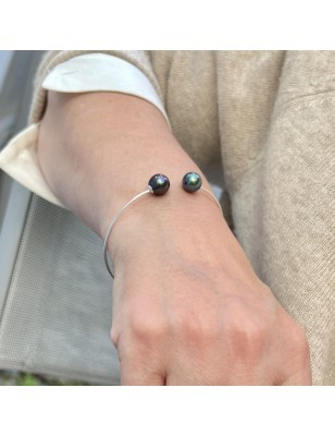 jonc en argent avec des perles de Tahiti - bracelet tahitien avec des perles