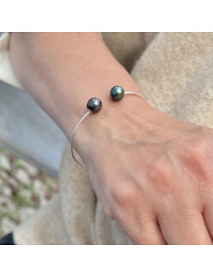 jonc en argent avec des perles de Tahiti - bracelet tahitien avec des perles