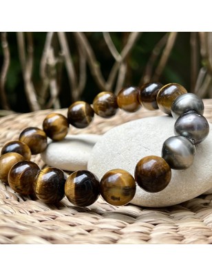 14.mm Tahitian Circled Pearl and Tiger's Eyes Men's Bracelet