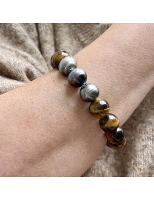 14.mm Tahitian Circled Pearl and Tiger's Eyes Men's Bracelet