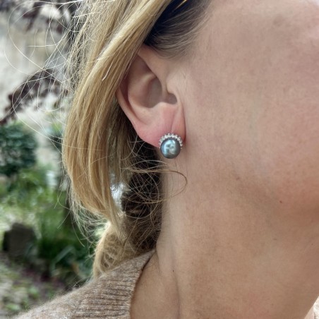 Pendientes de perla de Tahití azul grisácea - 9,90 mm