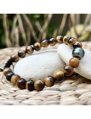 Bracciale con occhio di tigre e perle di pavone di Tahiti, selezione cerchiata