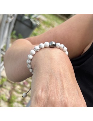 Howlith- und Tahitiperlenarmband Blau Rosa